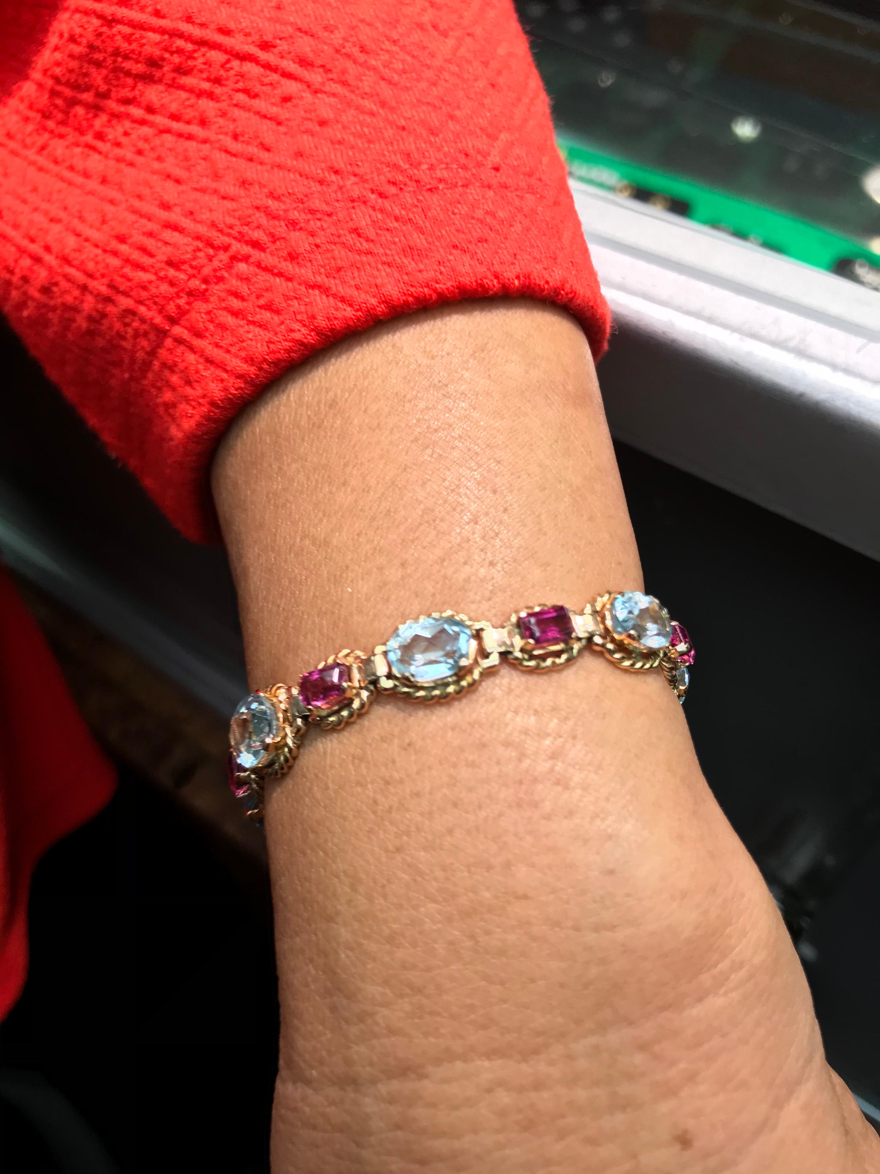Retro Aquamarine Pink Tourmalines Rose Gold Bracelet