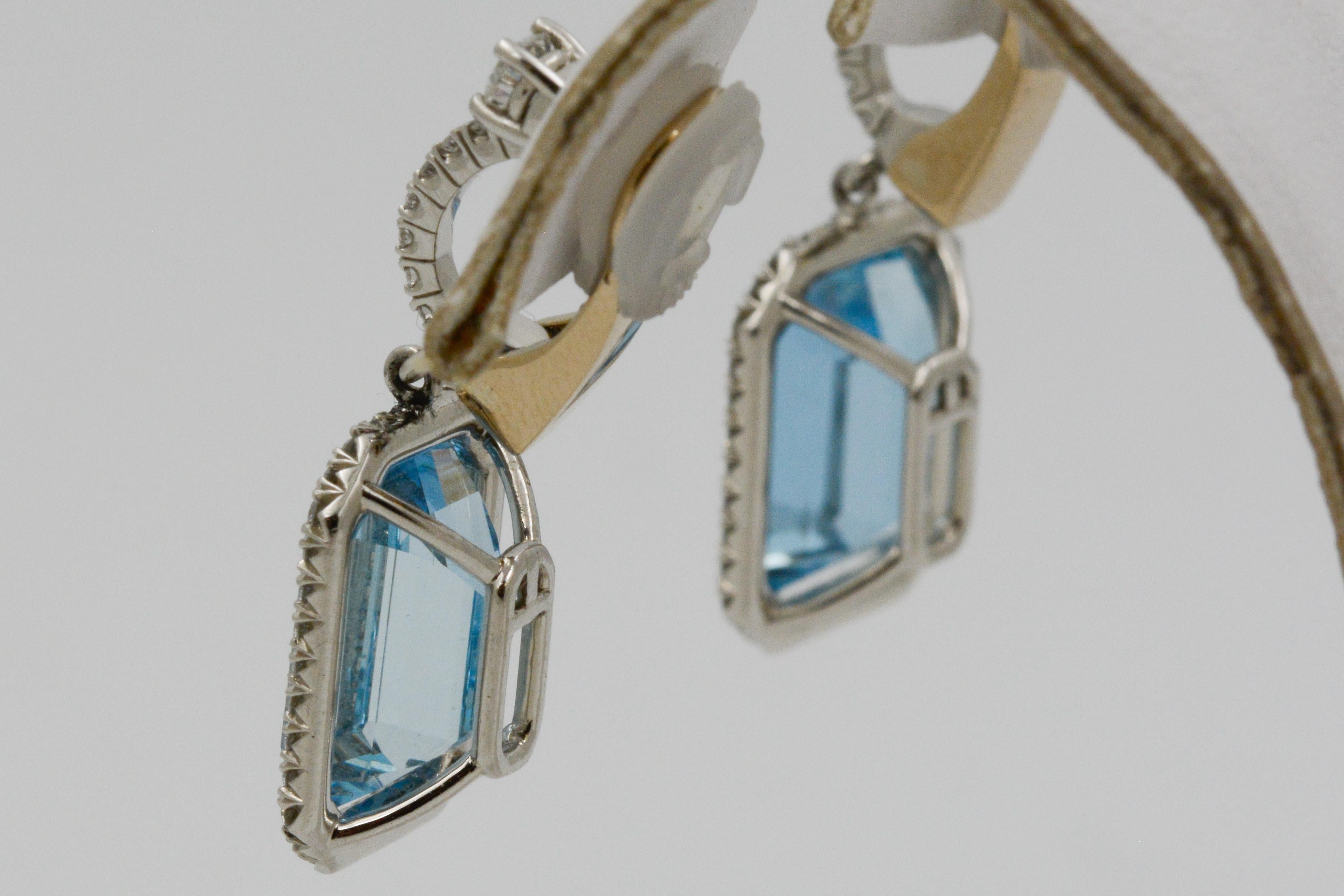 Aquamarine Platinum 8.77 Carat Emerald Cut with Diamond Halo Frame Drop Earrings 5