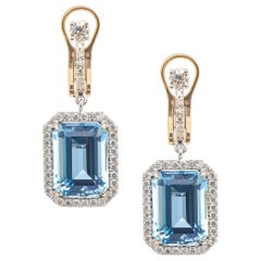 Aquamarine Platinum 8.77 Carat Emerald Cut with Diamond Halo Frame Drop Earrings