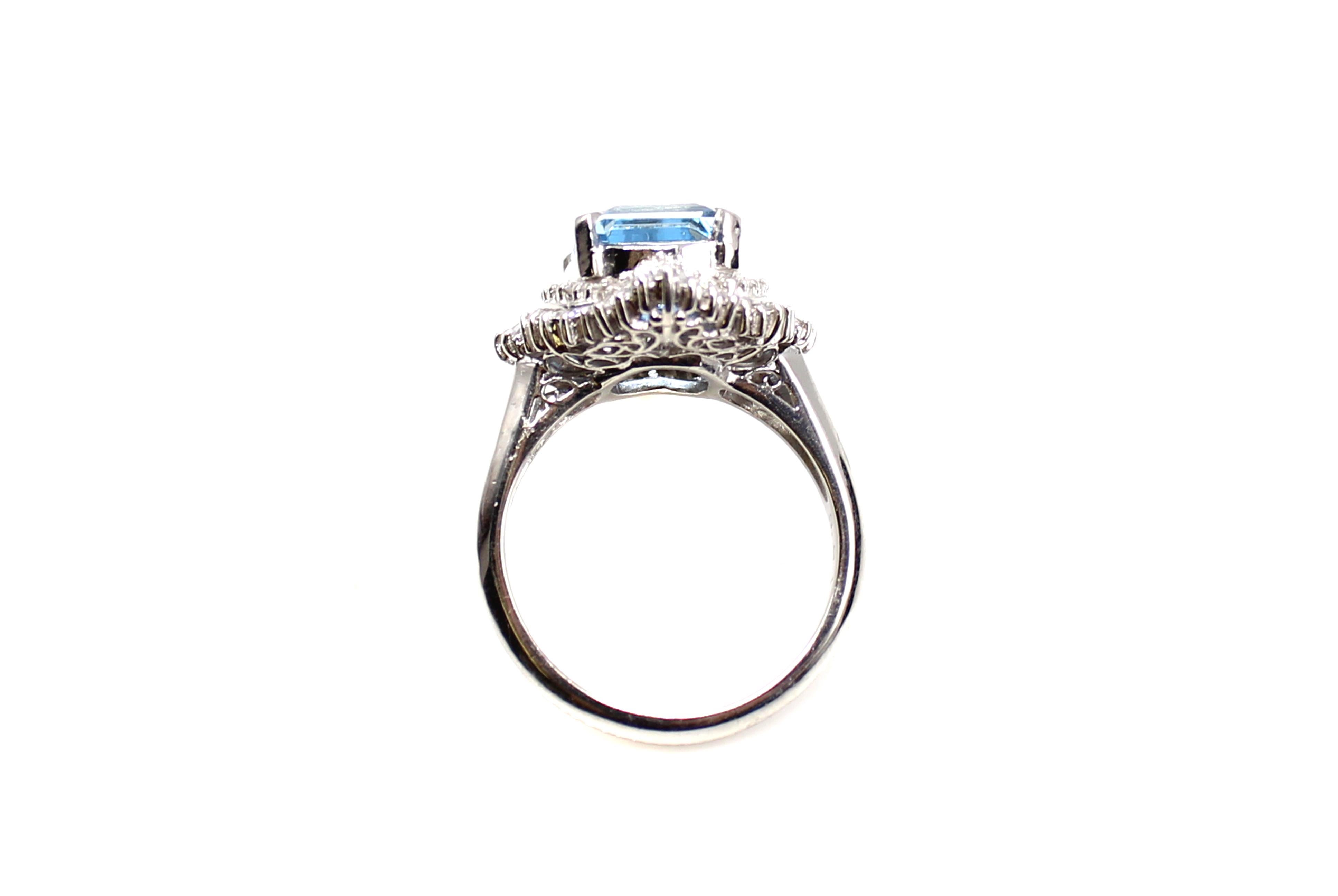 Emerald Cut Aquamarine Platinum Diamond Ring