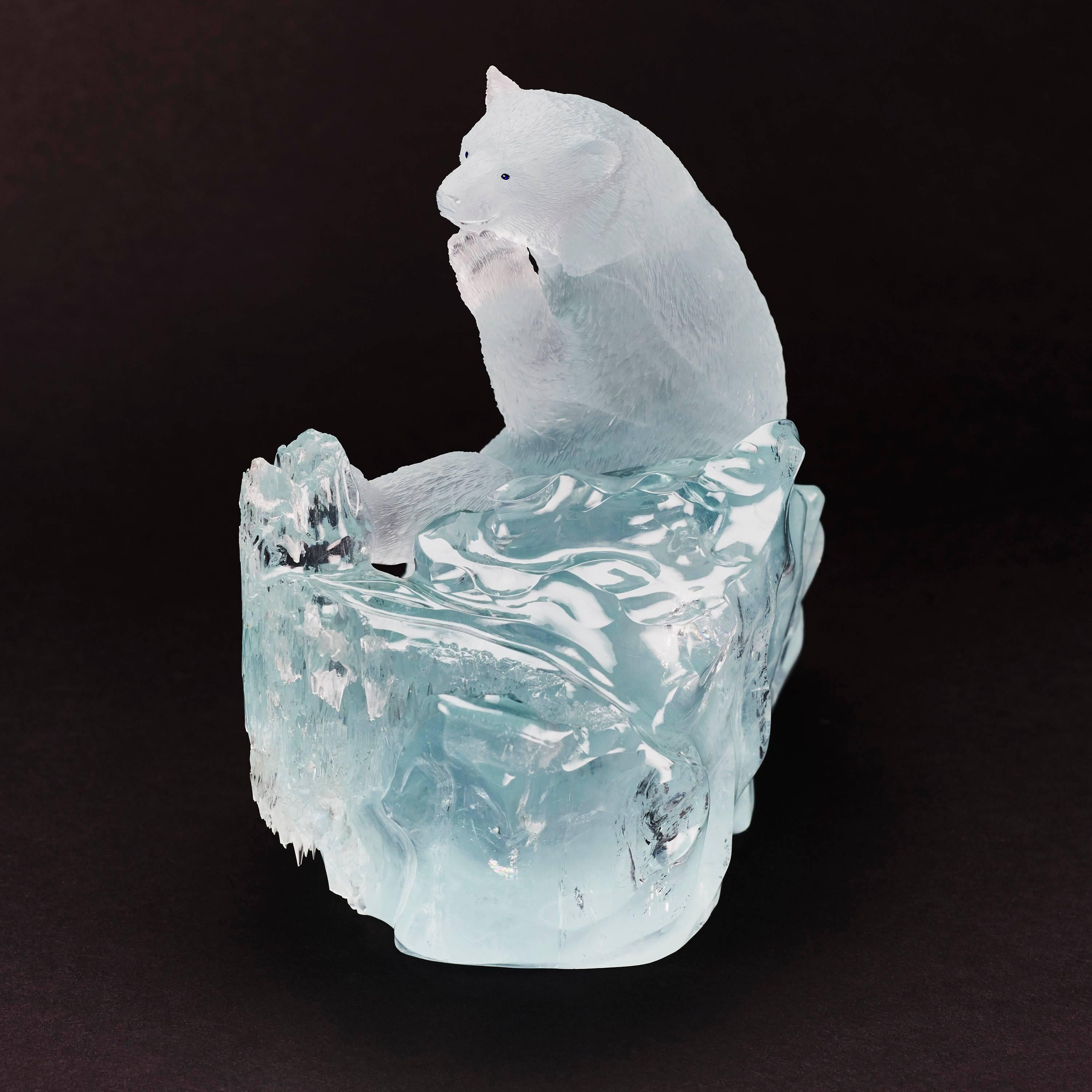Contemporary Aquamarine Polarbear Carved Figurine Sculpture Objets d'Art  For Sale