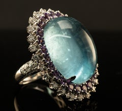 Aquamarine Purple Sapphire Diamond Ring Cabochon 18K White Gold Cocktail