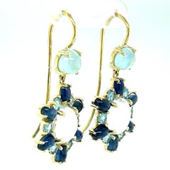 Aquamarine, Rainbow Moonstone and Blue Sapphire Yellow Gold Dangle Earrings