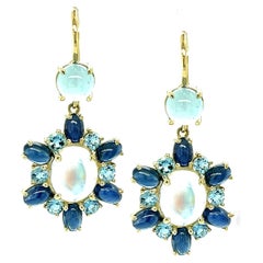 Aquamarine, Rainbow Moonstone and Blue Sapphire Yellow Gold Dangle Earrings