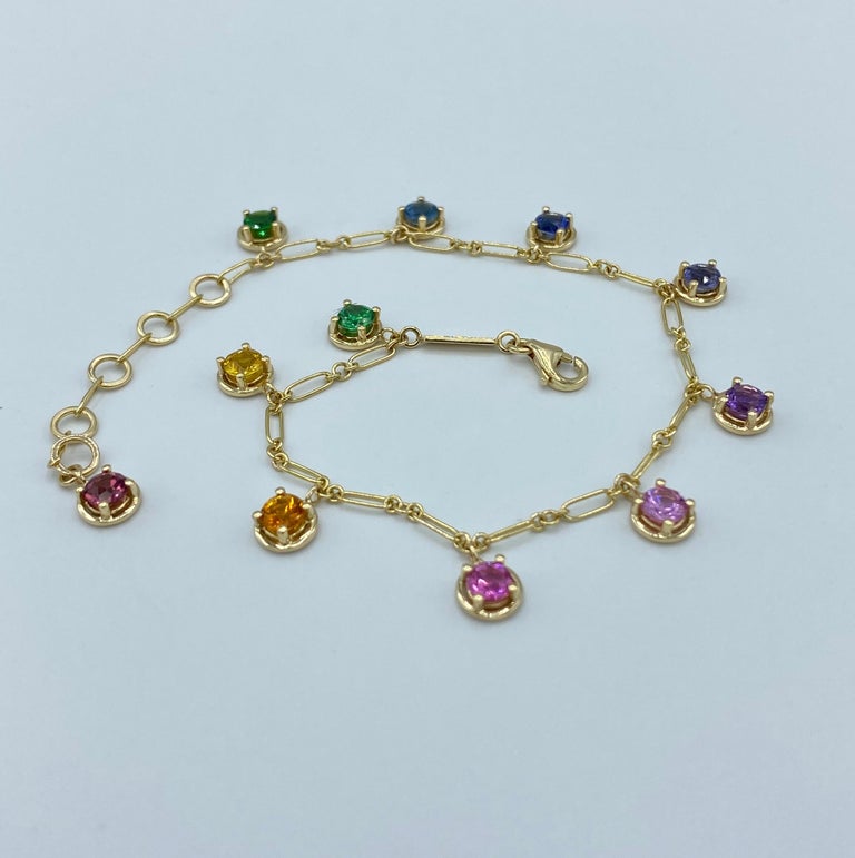 Artisan Aquamarine Rainbow Sapphire Tzavorite Gemstone Handmade Bracelet 18 Karat Gold For Sale