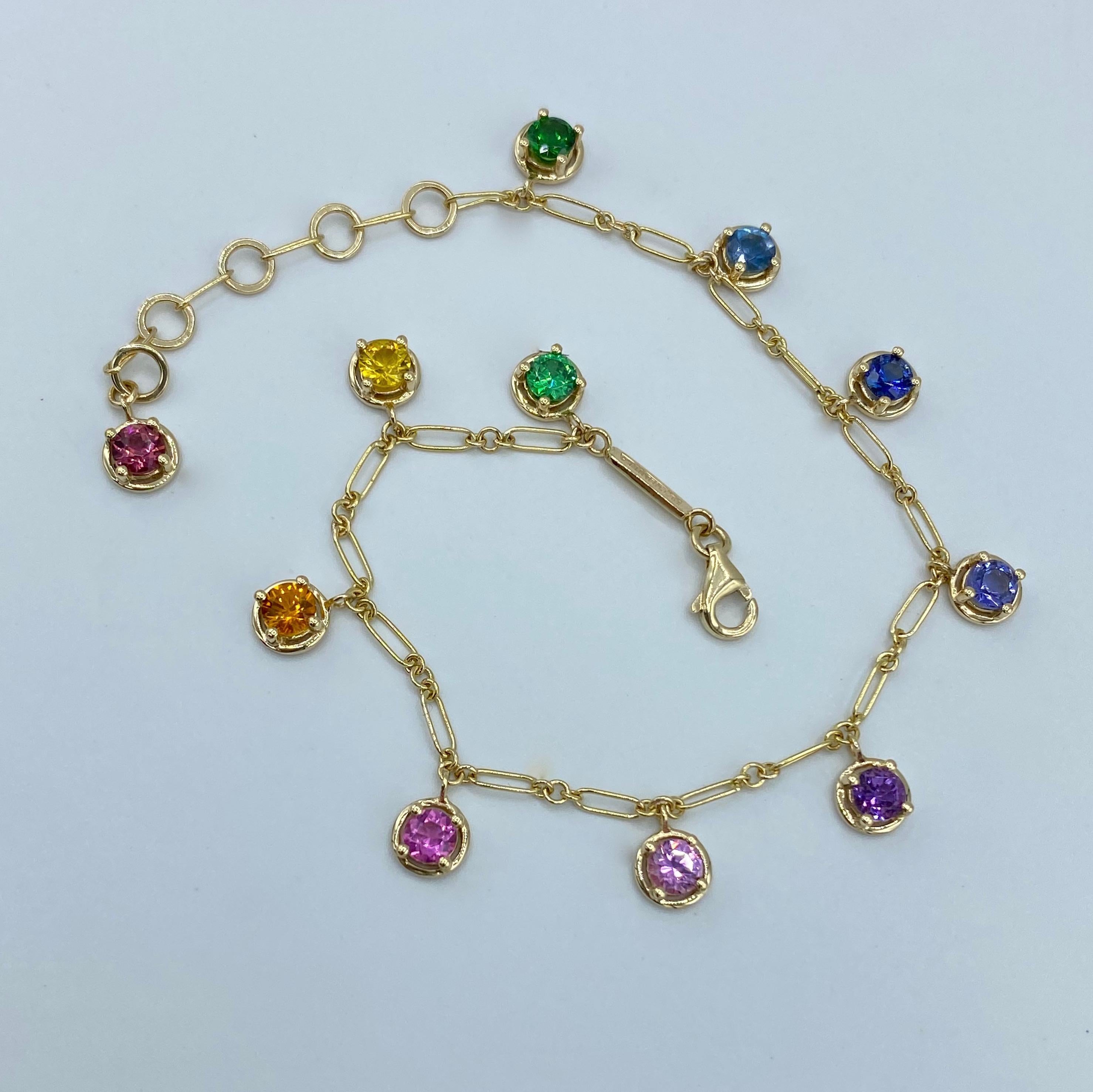 Artisan Aquamarine Rainbow Sapphire Tzavorite Gemstone Handmade Bracelet 18 Karat Gold For Sale