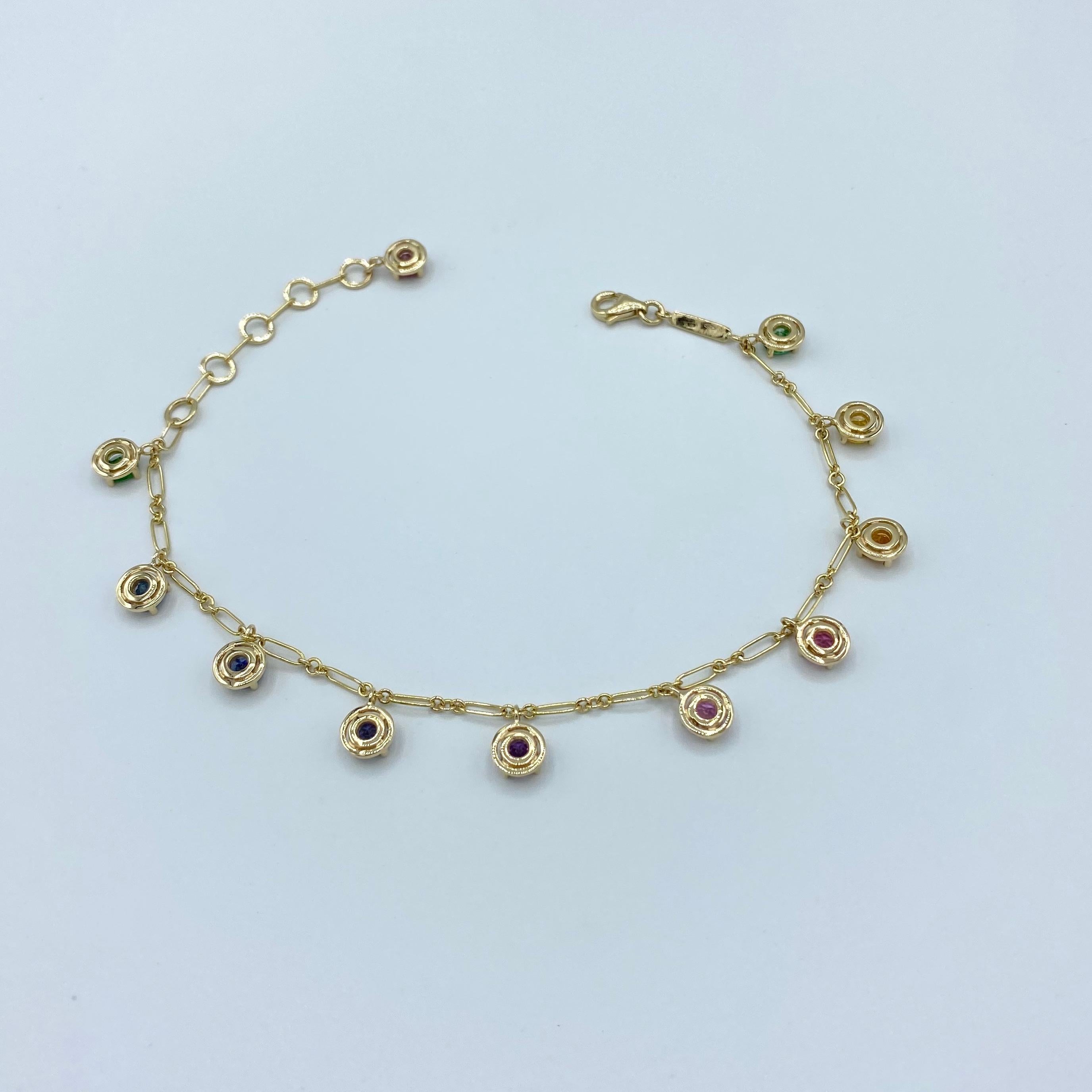 Round Cut Aquamarine Rainbow Sapphire Tzavorite Gemstone Handmade Bracelet 18 Karat Gold For Sale