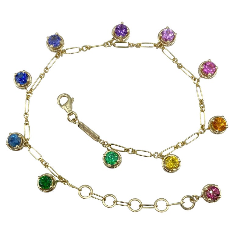 Aquamarine Rainbow Sapphire Tzavorite Gemstone Handmade Bracelet 18 Karat Gold For Sale