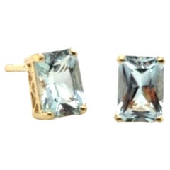 Aquamarine Rectangular Cut Stud Earrings 1ct March Birthstone 14K Yellow Gold