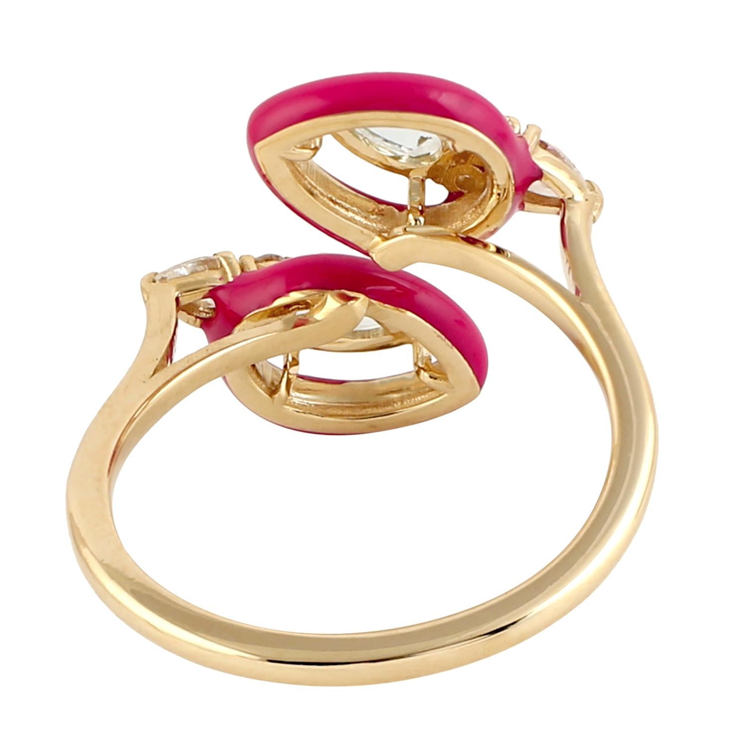 Modern Aquamarine Red Enamel Diamond 14 Karat Gold Spiral Ring For Sale