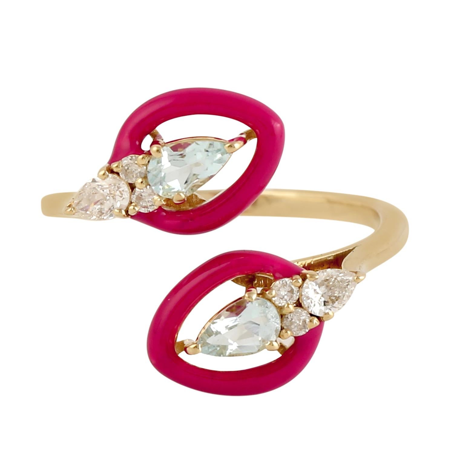 Mixed Cut Aquamarine Red Enamel Diamond 14 Karat Gold Spiral Ring For Sale