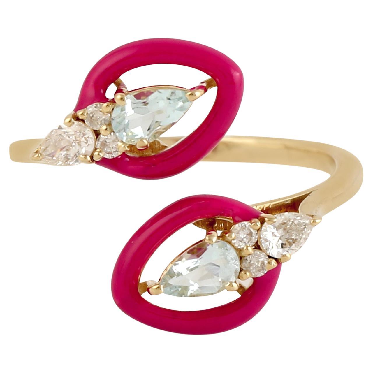 Aquamarine Red Enamel Diamond 14 Karat Gold Spiral Ring