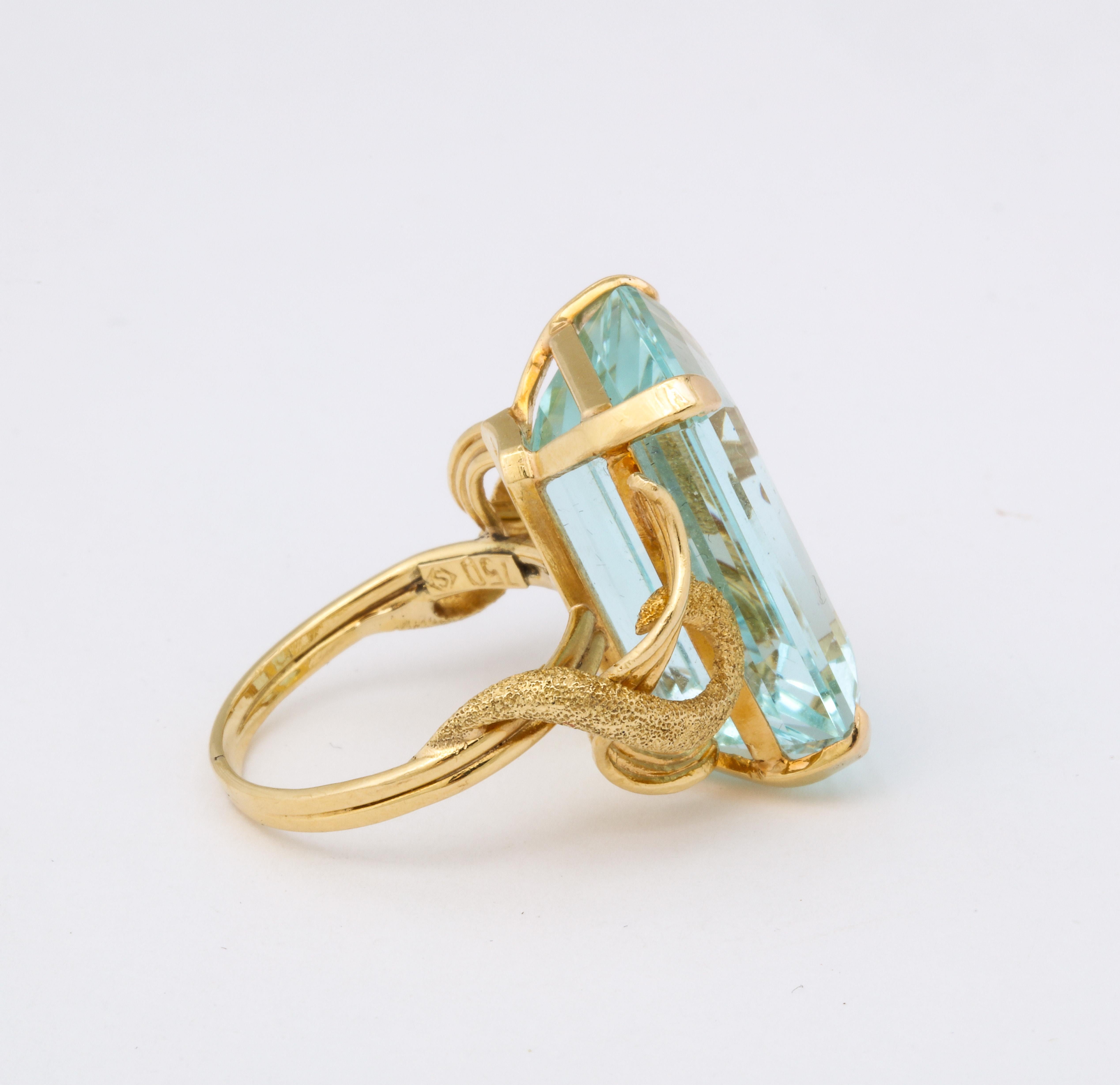 Aquamarine Retro 18 K Gold Ring For Sale 2
