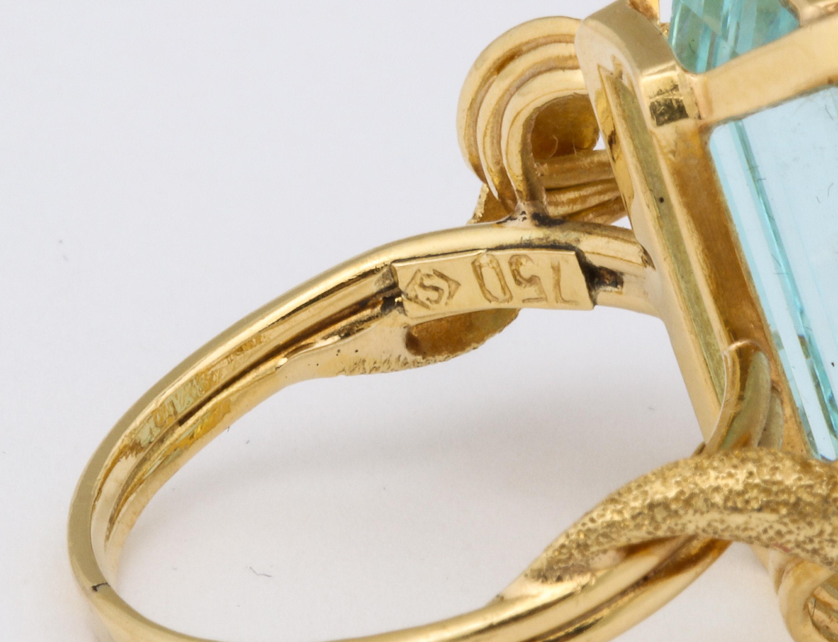 Aquamarine Retro 18 K Gold Ring For Sale 3