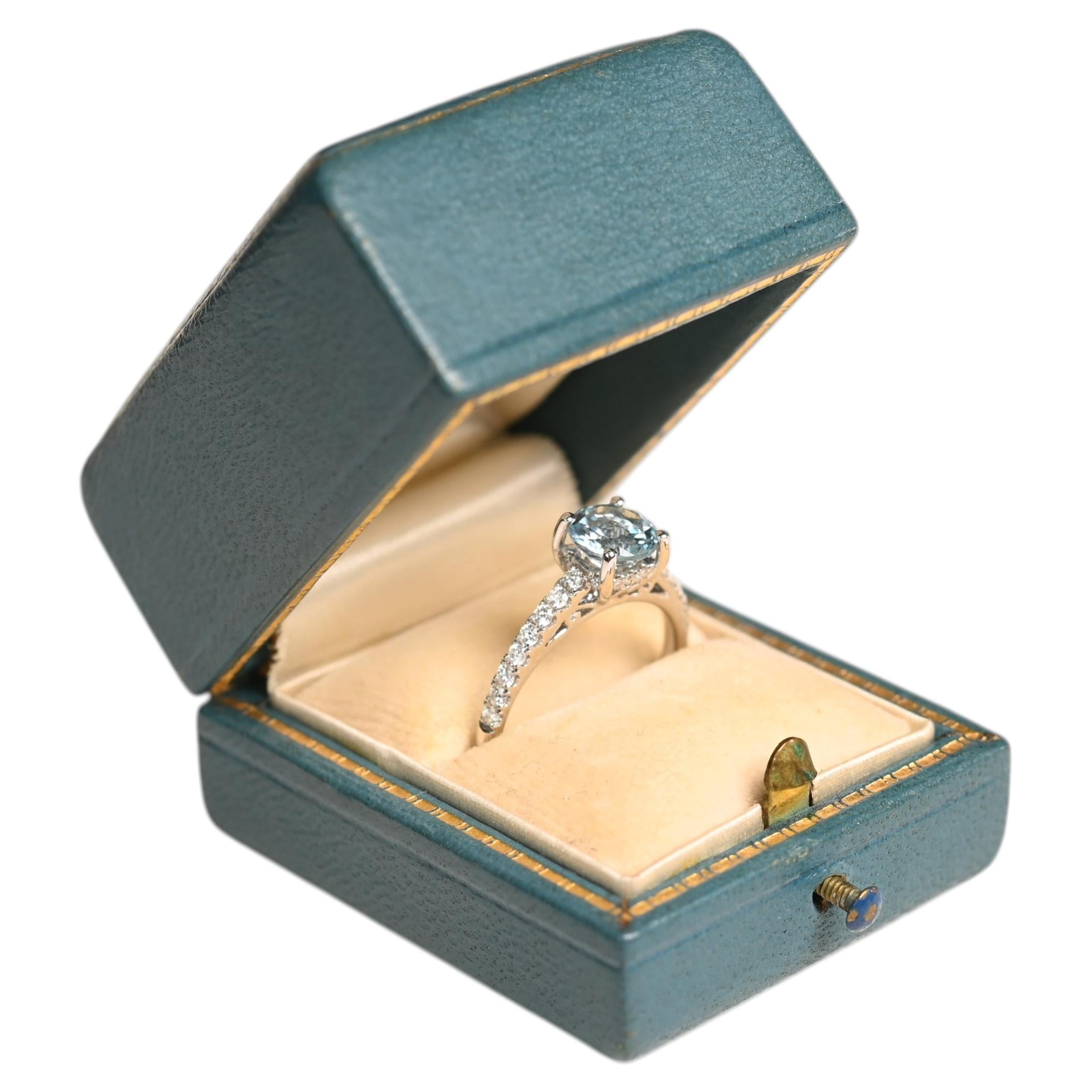 Aquamarine Ring. 0.90ct Round Cut Aquamarine Diamond Accent Ring 18K White Gold
