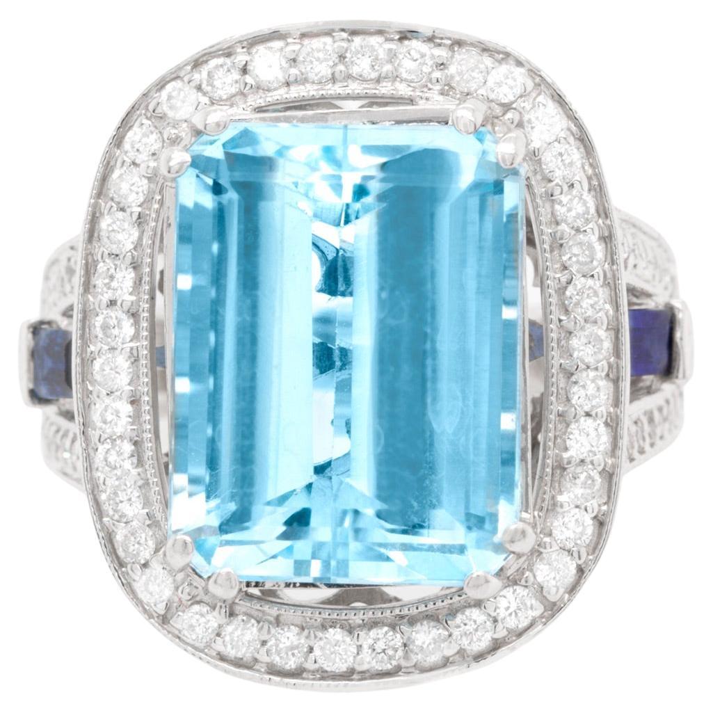 Natural Oval Aquamarine Ring Blue Sapphires and Diamonds Setting 7.79 ...