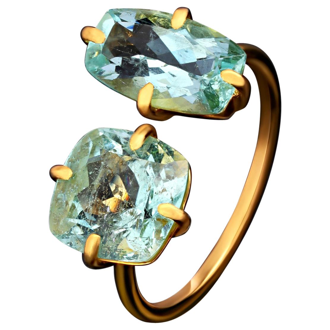 Aquamarin-Ring Gold Moderner Verlobungsring Natürlicher blauer Beryll zwei Steine im Angebot