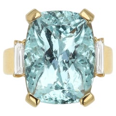 Aquamarine Ring 18k Yellow Gold Vintage Blue Cocktail Large Gem
