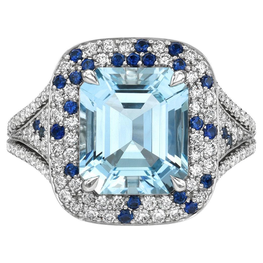 Exquisite Aquamarine Platinum Ring – Luxury Love Gift with Diamonds & Sapphires For Sale 7