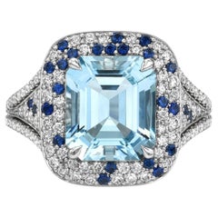 Squisito anello di acquamarina in platino - Regalo d'amore di lusso con diamanti e zaffiri