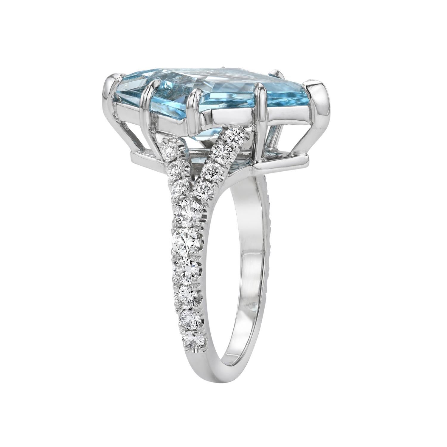 Unique 3.77 carat Aquamarine platinum ring, decorated with a total of 0.63 carat round brilliant, collection diamonds.
Ring size 6. Resizing is complementary upon request.
Crafted by extremely skilled hands in the USA.
Returns are accepted and paid