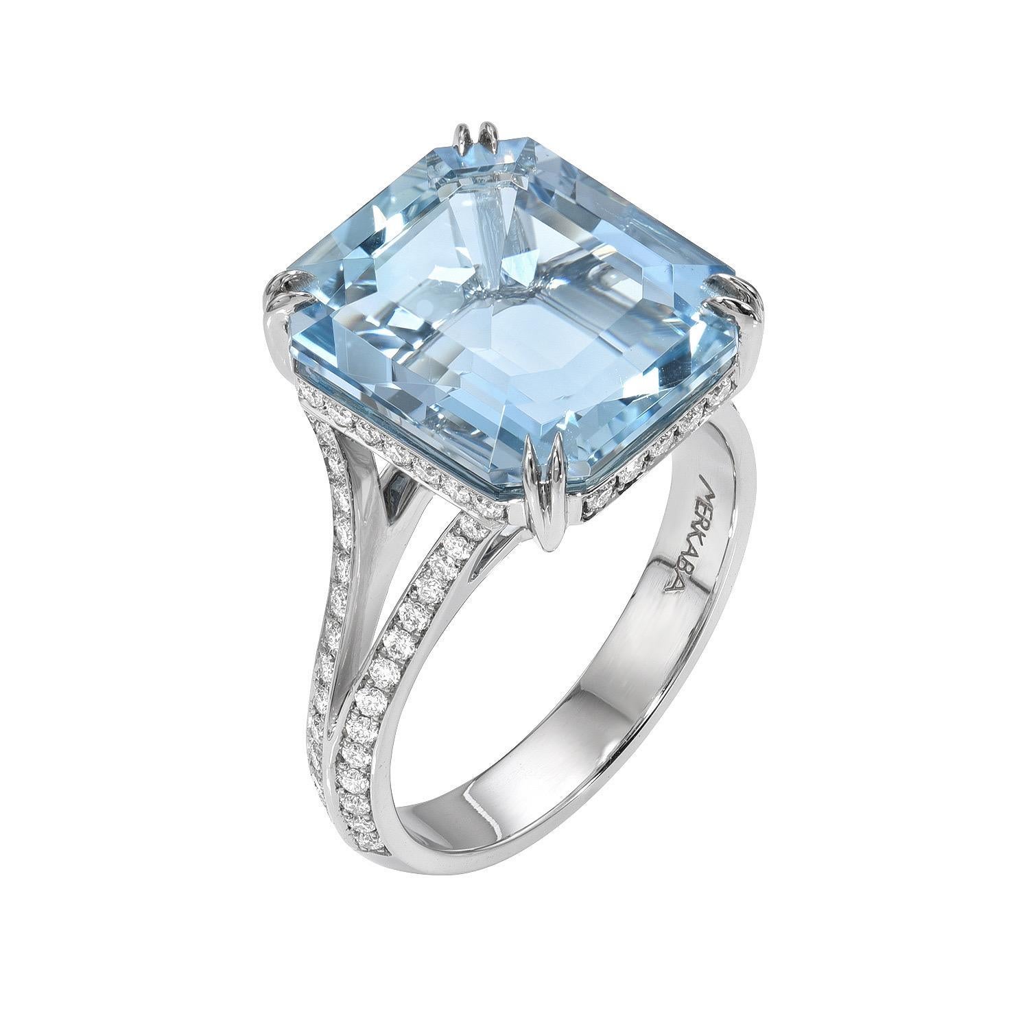 Impressive 7.68 carat Aquamarine Emerald-Cut platinum ring, decorated with a total of 0.49 carat round brilliant collection diamonds.
Ring size 6.5. Resizing is complementary upon request.
Crafted by extremely skilled hands in the USA.
Returns are