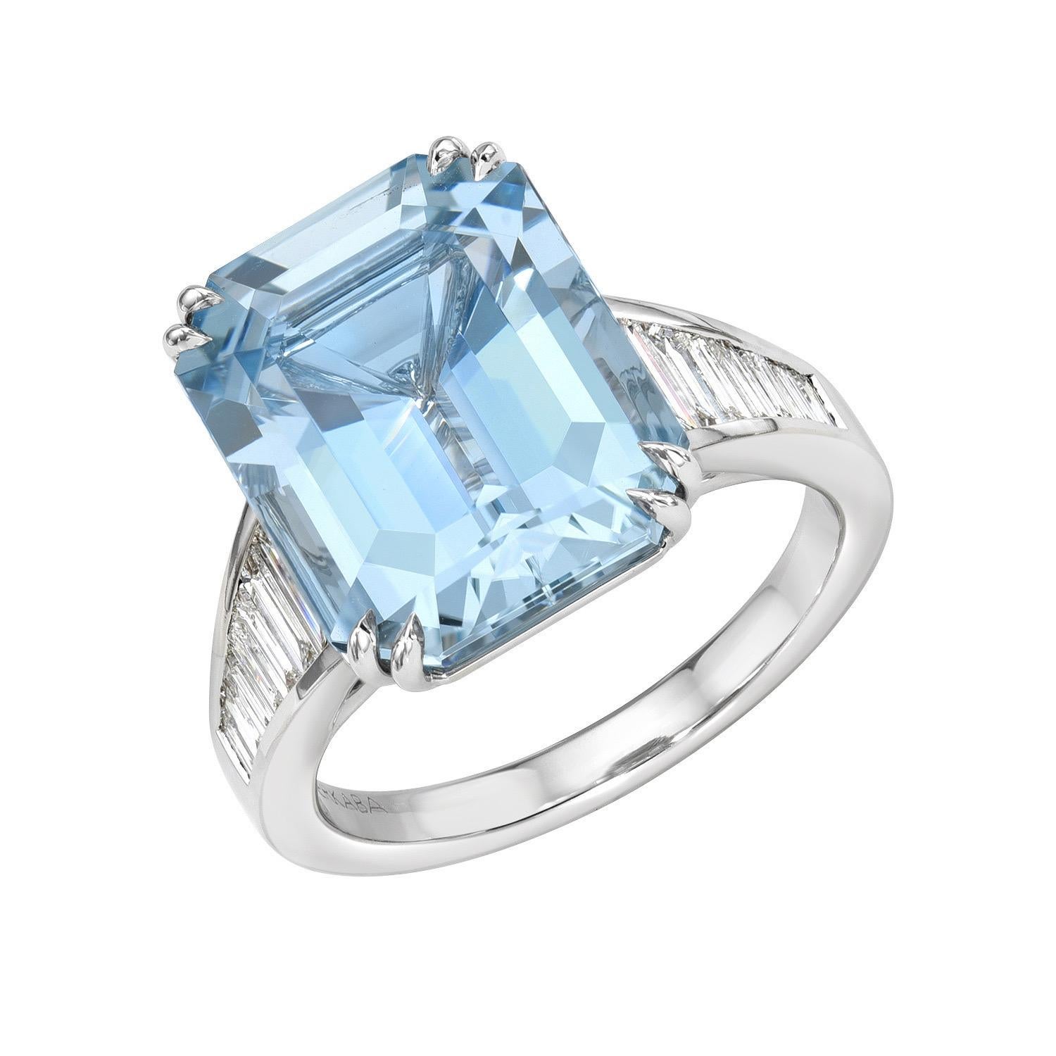 Spectacular 8.01 carat Aquamarine Emerald-Cut, 18K white gold ring, decorated with a total of 0.75 carat collection baguette diamonds.
Ring size 6.5. Resizing is complementary upon request.
Returns are accepted and paid by us within 7 days of