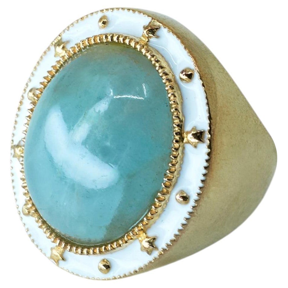 Aquamarin Ring Cabuchon Weißer Emaille Cocktail Ring Vergoldet J DAUPHIN