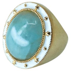 Aquamarine Ring Cabuchon White Enamel Cocktail Ring Gold Plated J Dauphin
