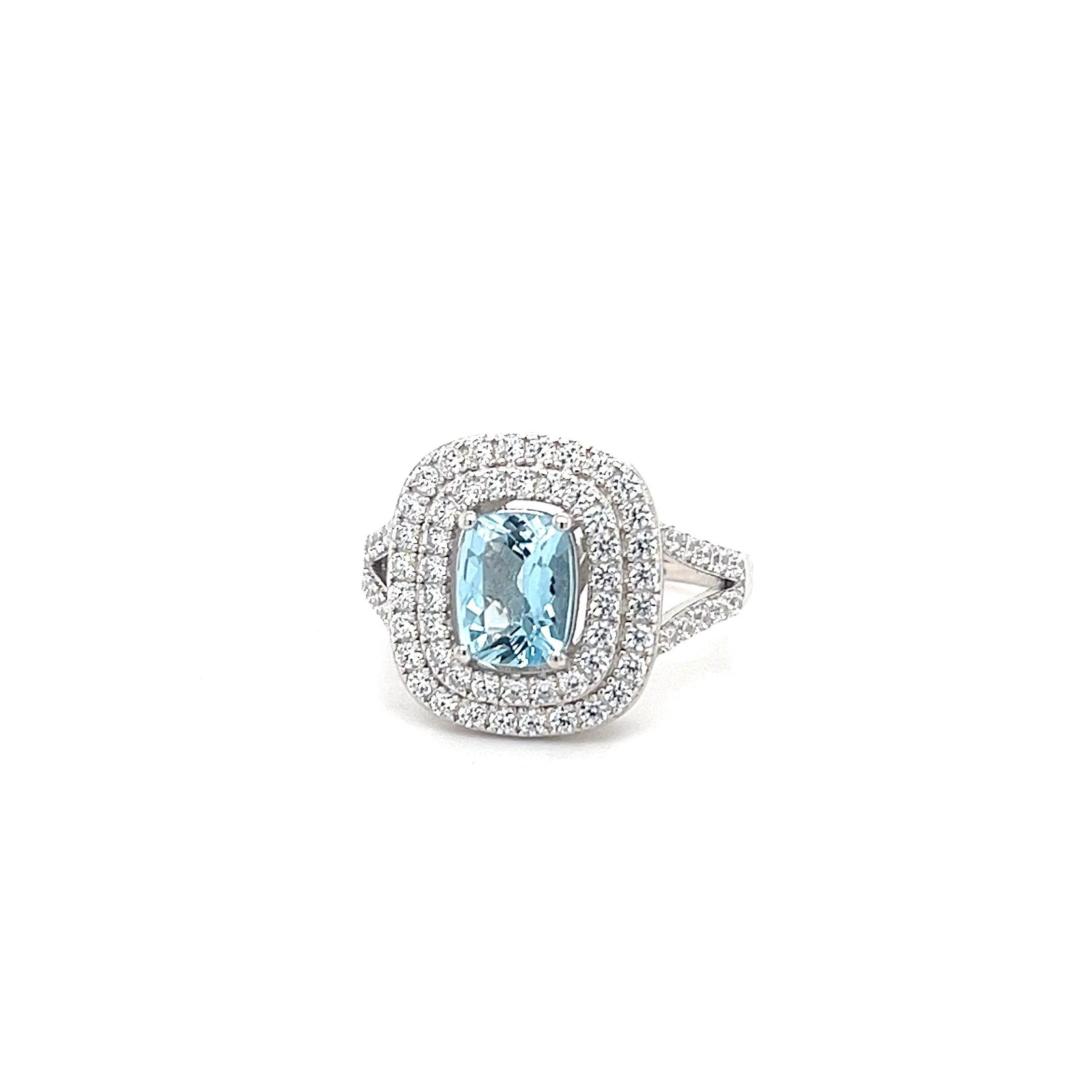 Art Deco Aquamarine Ring, Cocktail Ring, Rectangular Cushion Cut Gemstone Ring For Sale