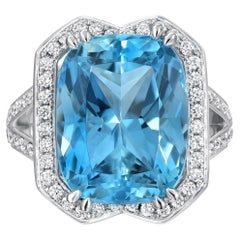8.95 Carat Cushion Cut Aquamarine Diamond Ring 18K White Gold Tamir By Merkaba