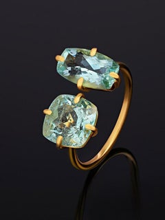 Aquamarine Ring Engagement Gold Modern Natural Blue Beryl Two Stones