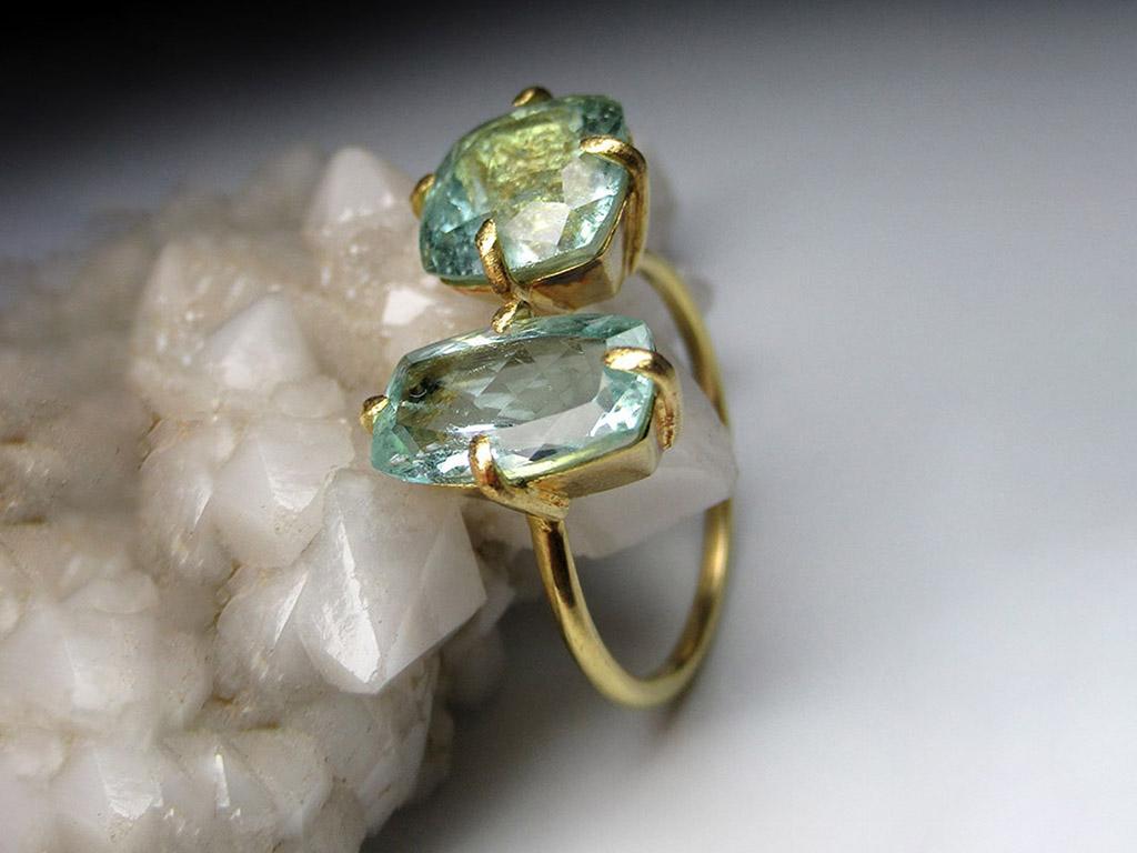 Antique Cushion Cut Aquamarine Ring Gold Modern Engagement Ring Natural Blue Beryl Two Stones For Sale
