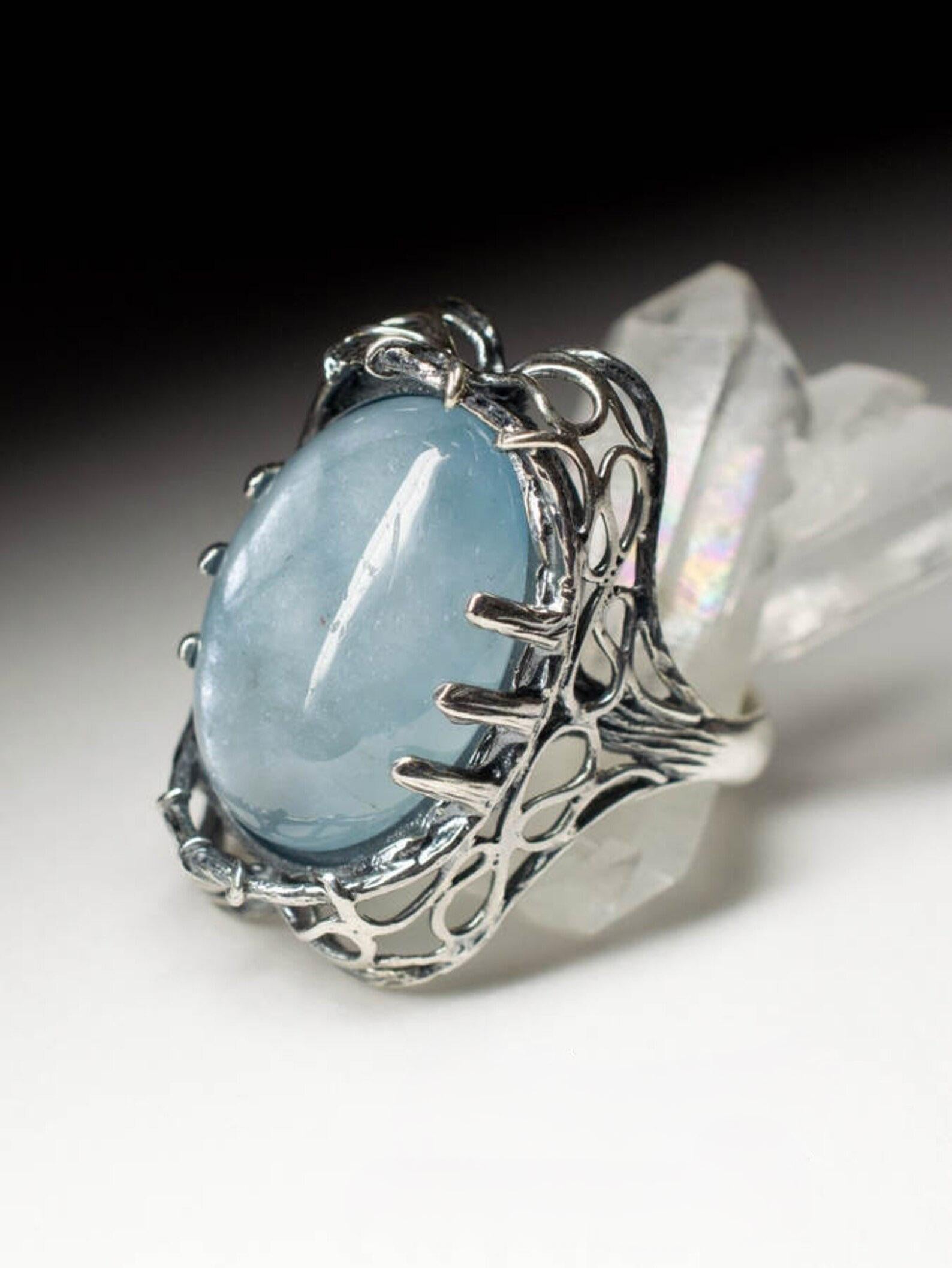 Gothic Revival Aquamarine Ring Gothic style Light Blue Icy Beryl Cabochon Gemstone vintage ring For Sale