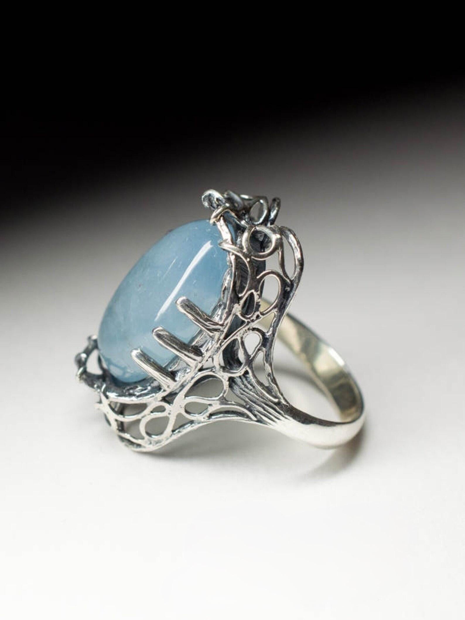 Women's or Men's Aquamarine Ring Gothic style Light Blue Icy Beryl Cabochon Gemstone vintage ring For Sale