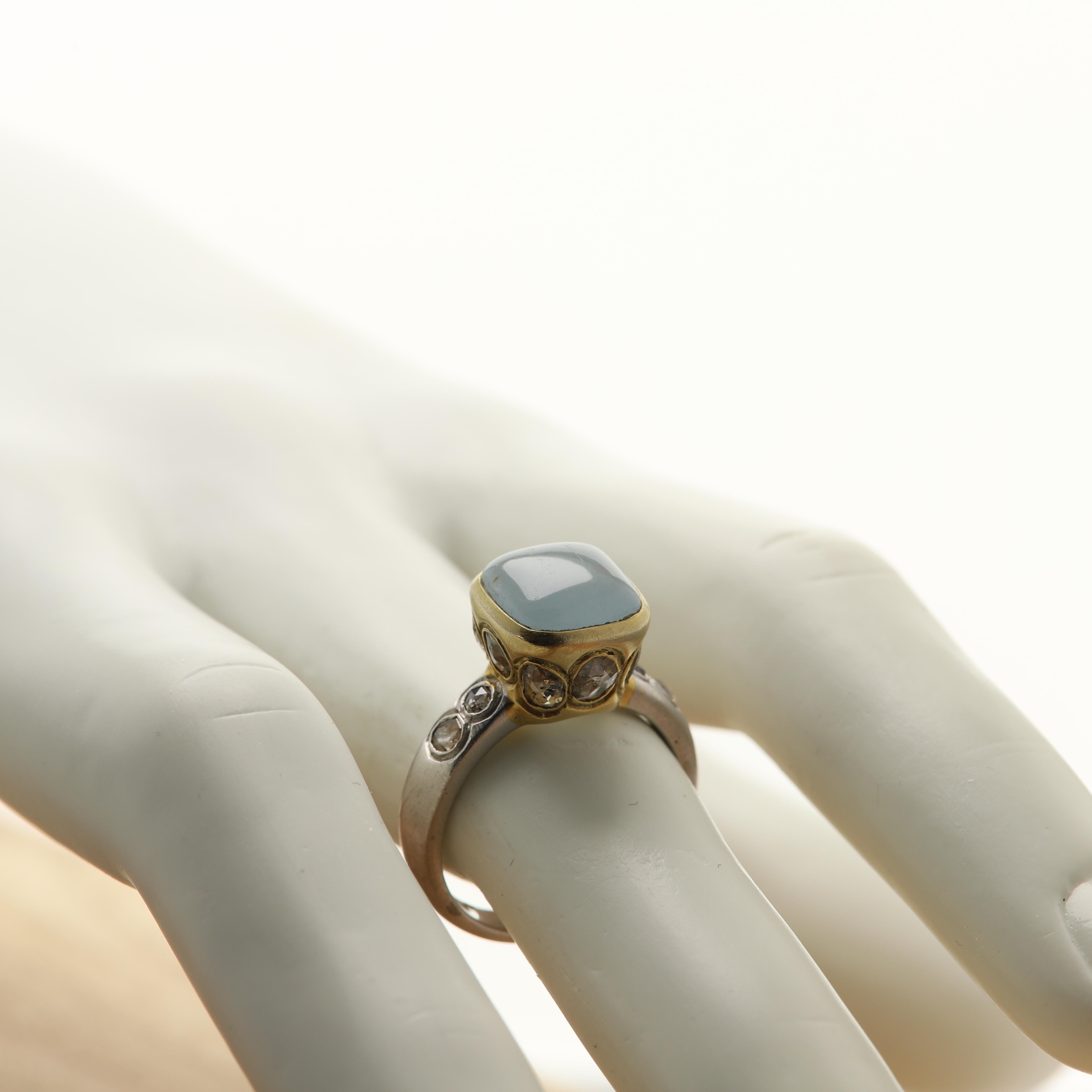 Aquamarine Ring Hand 18 Karat & Old Cut Diamonds Vintage Aquamarine Gold Ring 6