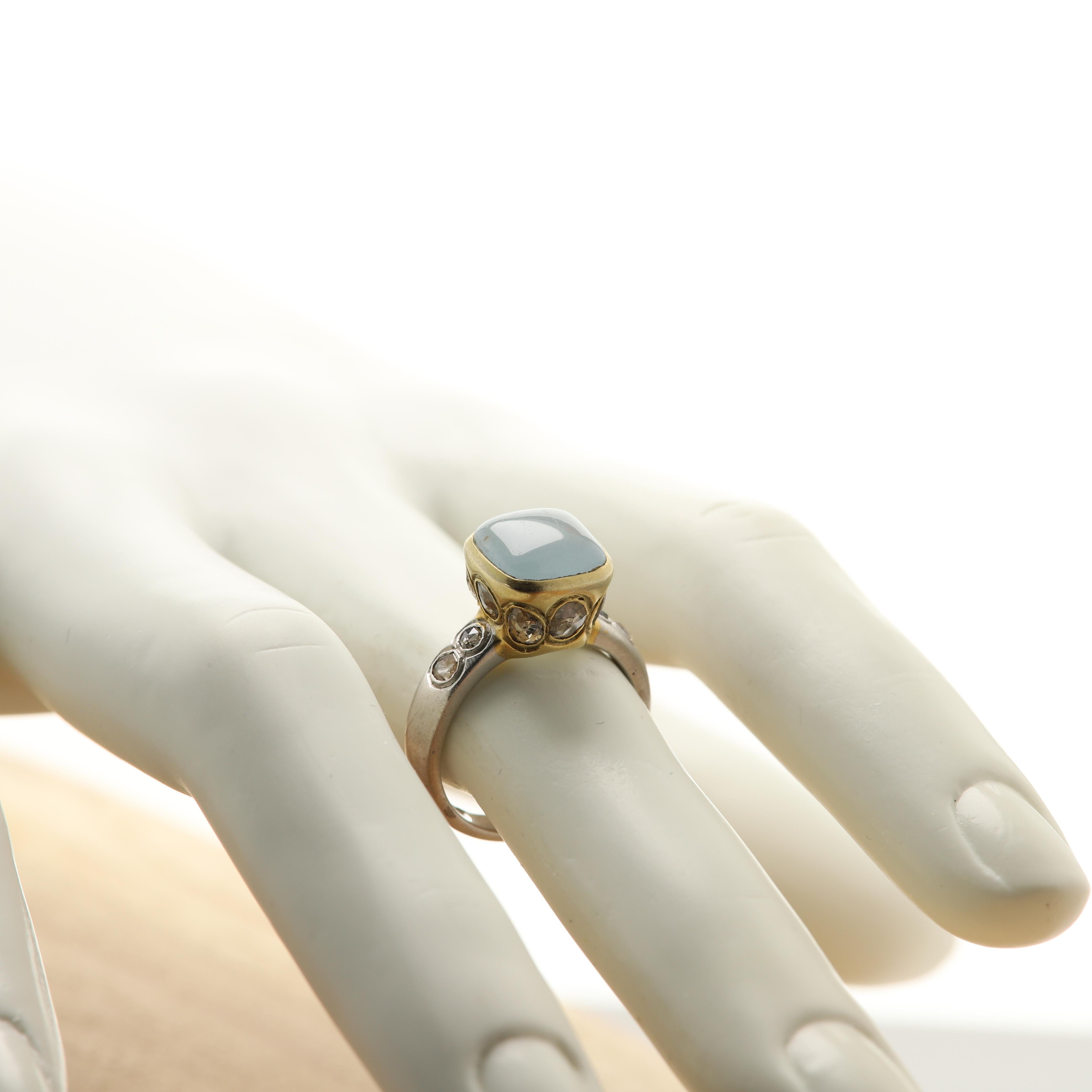 Aquamarine Ring Hand 18 Karat & Old Cut Diamonds Vintage Aquamarine Gold Ring 7