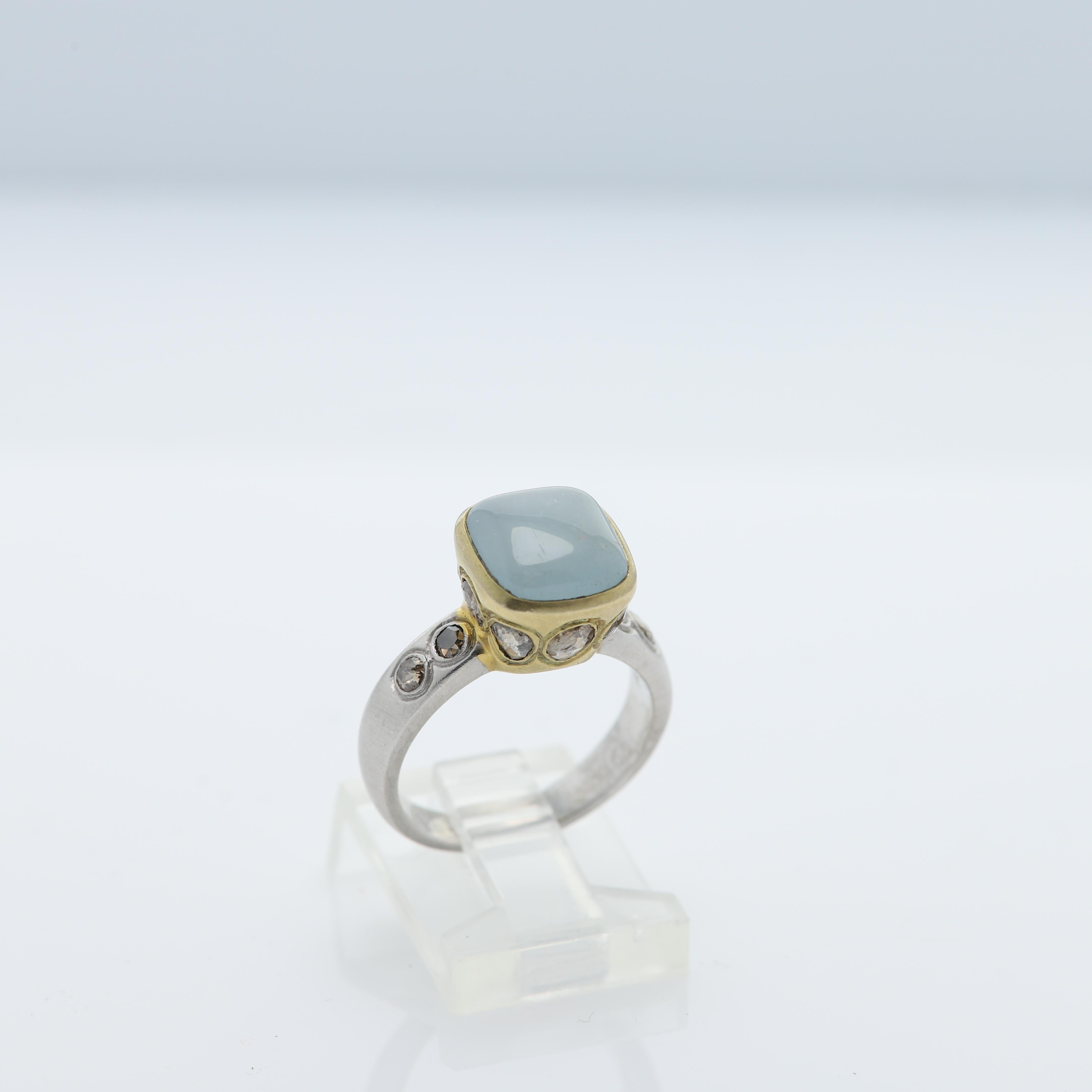 Vintage Aquamarine & Old Cut Diamonds - Hand Made in Italy.
18k Two Tone Yellow & White 7.30 grams - mat finish (not shiney gold)
Aquamarine 3.90 carat approx size 9 x 10 mm
Old cut Light Brown Diamonds 1.20 carat
Finger size 6.5
All Stones are
