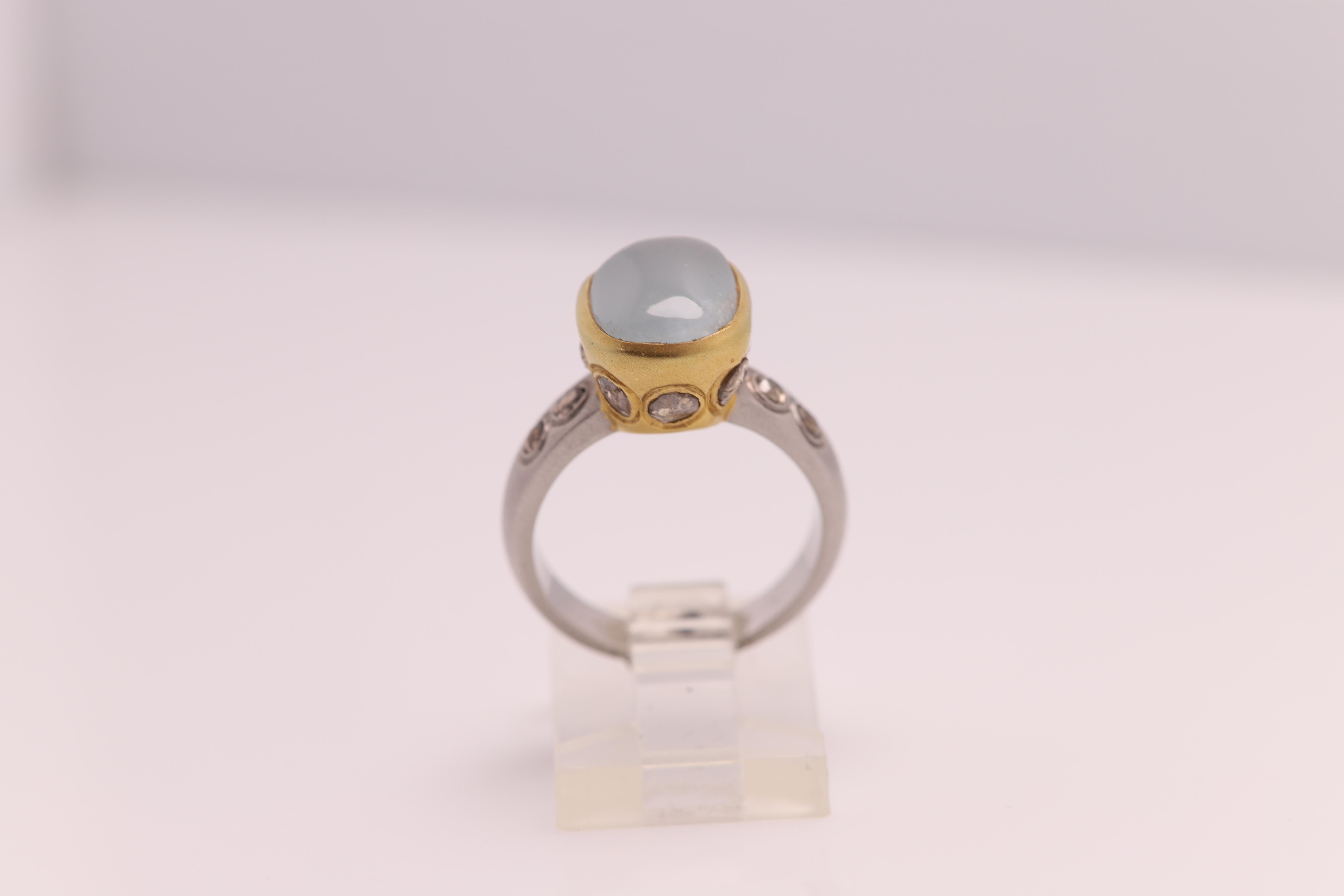 Antique Cushion Cut Aquamarine Ring Hand 18 Karat & Old Cut Diamonds Vintage Aquamarine Gold Ring