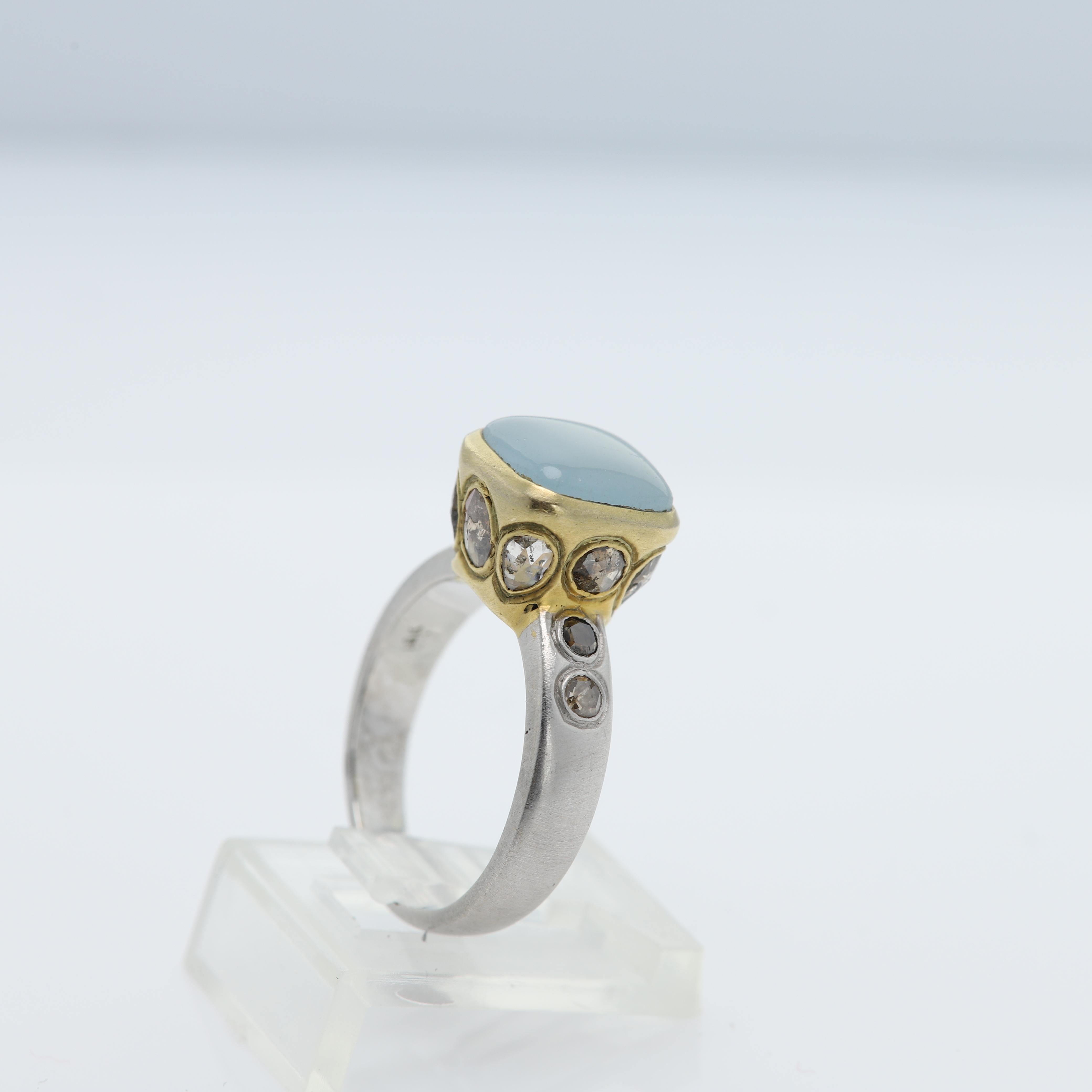 Women's Aquamarine Ring Hand 18 Karat & Old Cut Diamonds Vintage Aquamarine Gold Ring