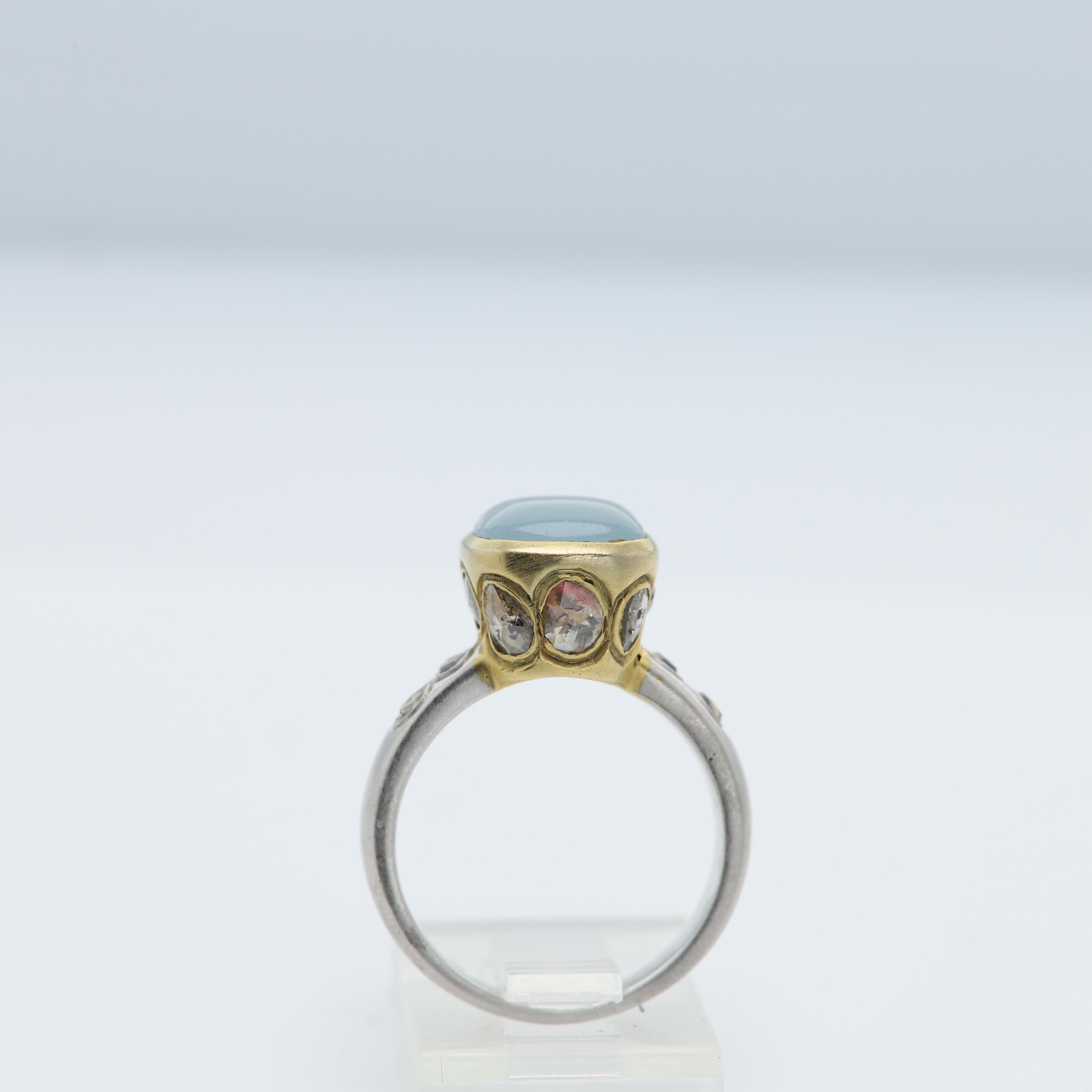 Aquamarine Ring Hand 18 Karat & Old Cut Diamonds Vintage Aquamarine Gold Ring 1