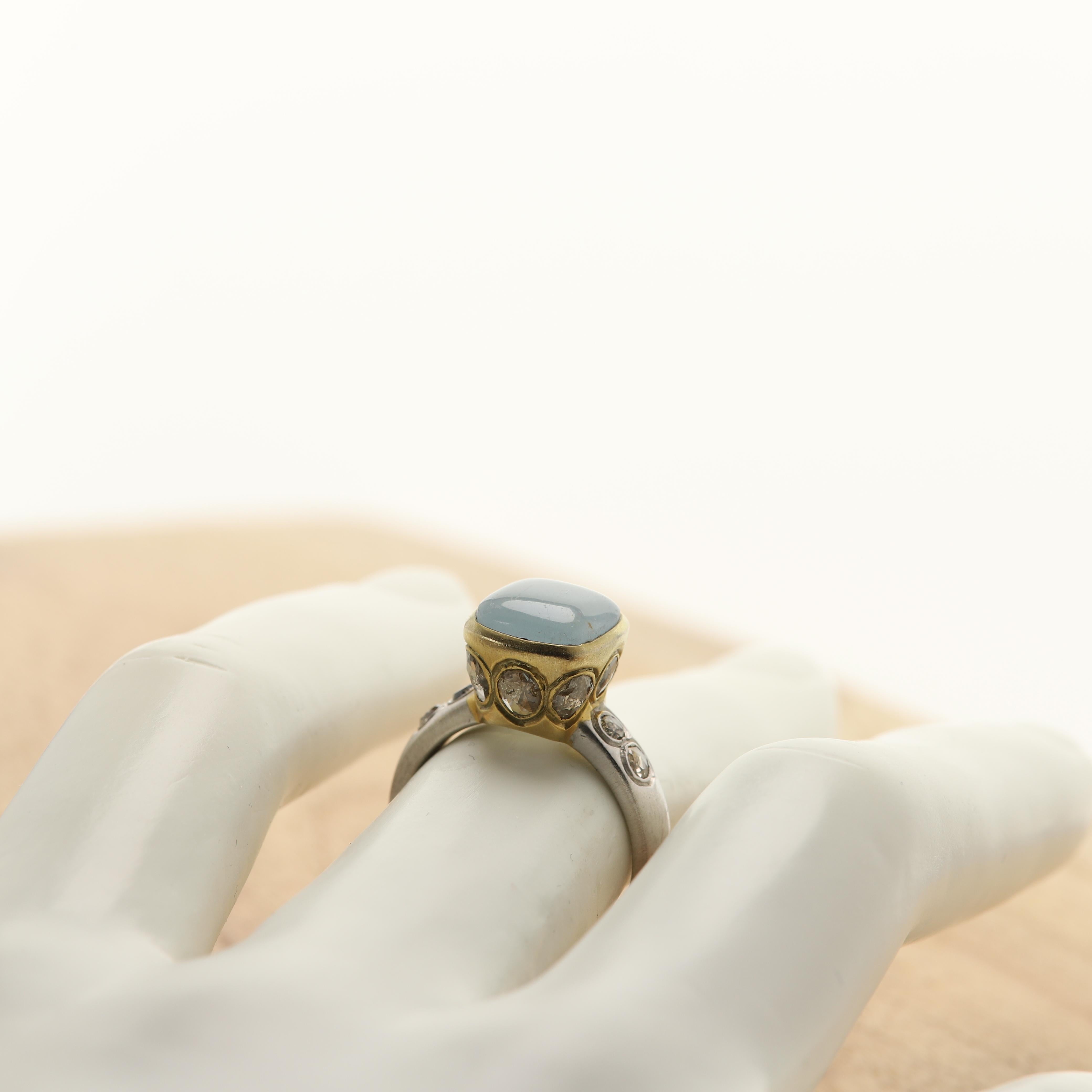 Aquamarine Ring Hand 18 Karat & Old Cut Diamonds Vintage Aquamarine Gold Ring 4