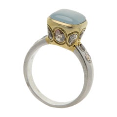 Aquamarine Ring Hand 18 Karat 
Old Cut Diamonds Vintage Aquamarine Gold Ring