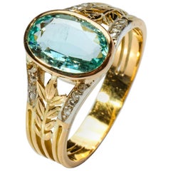 Aquamarine Ring in Gold and Platinum with Diamonds from France, Titanic Era