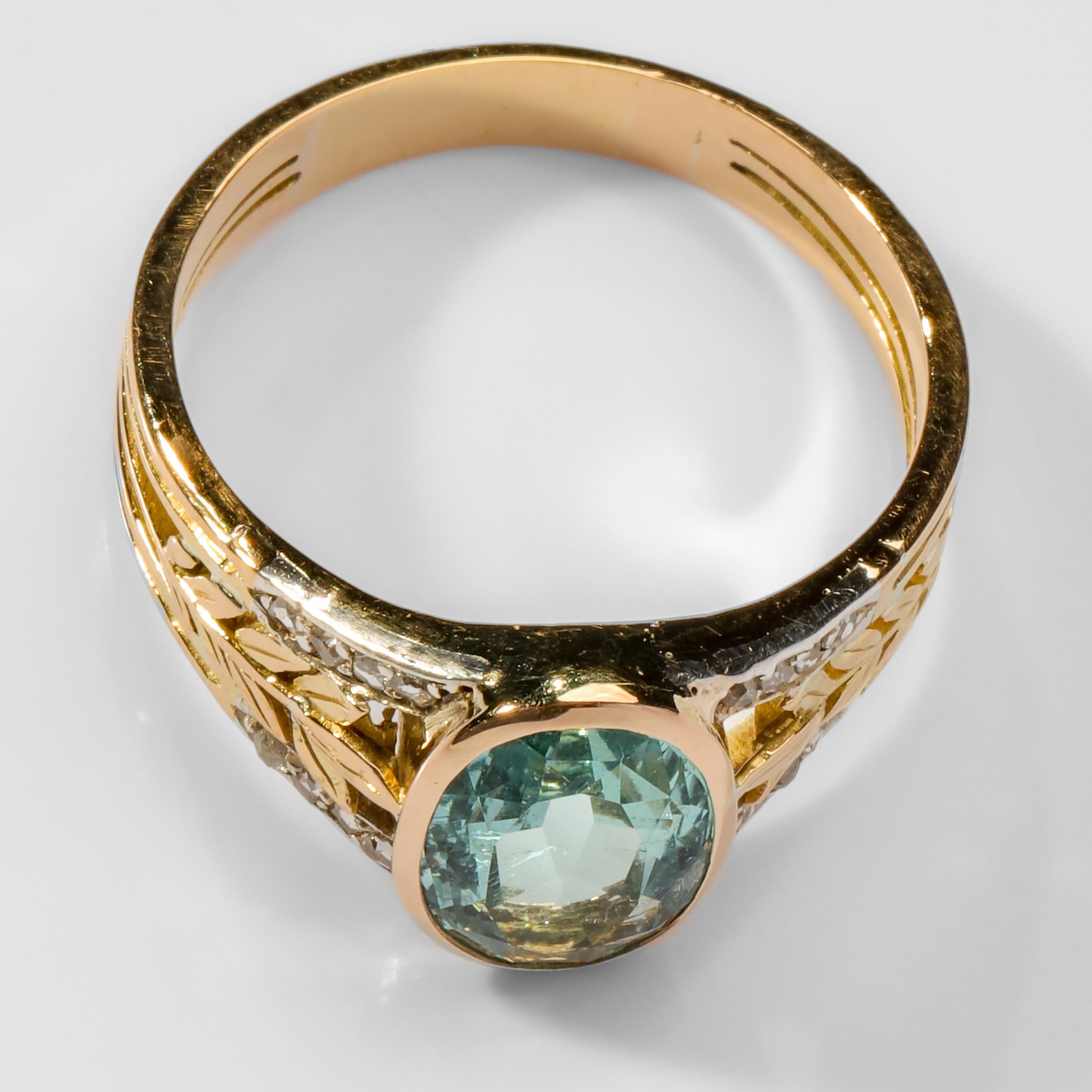 Aquamarine Ring in Gold and Platinum with Diamonds from France, Titanic Era 1