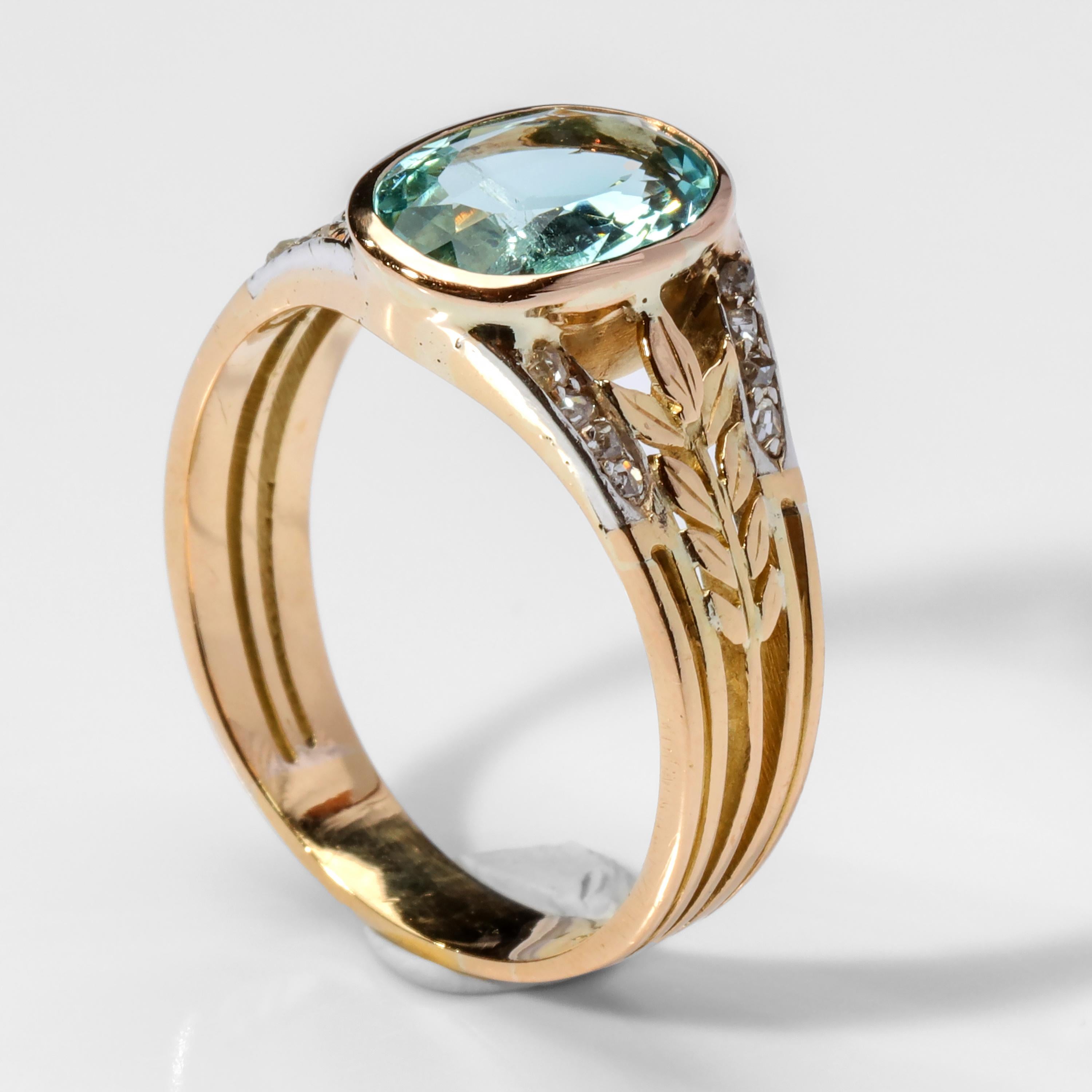 Art Nouveau Aquamarine Ring in Gold and Platinum with Diamonds from France, Titanic Era