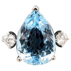 Aquamarine Ring w Natural Diamond Accents in Solid 14K White Gold Pear Cut 14x10