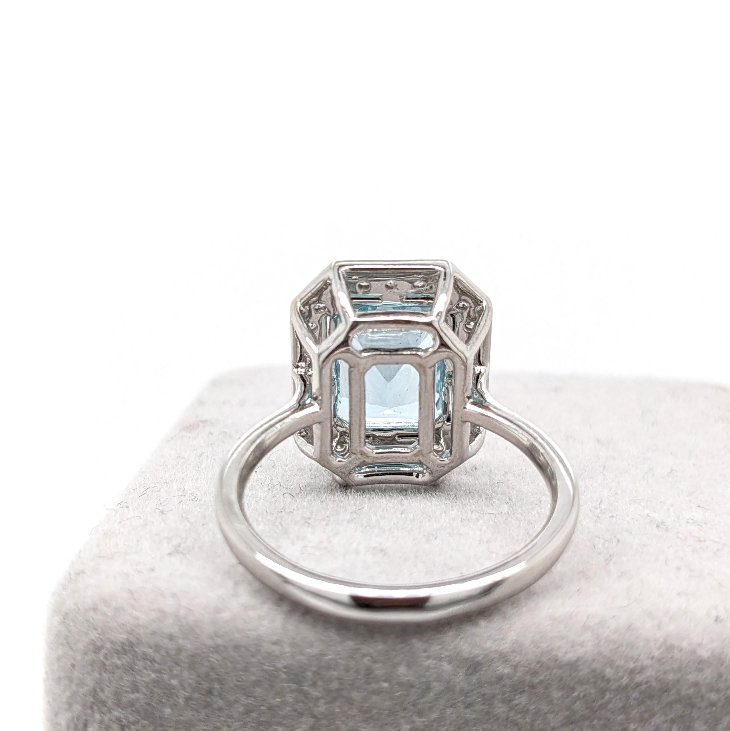 Modern Aquamarine Ring w Natural Diamond Halo in 14K White Gold Emerald Cut 9x7mm For Sale