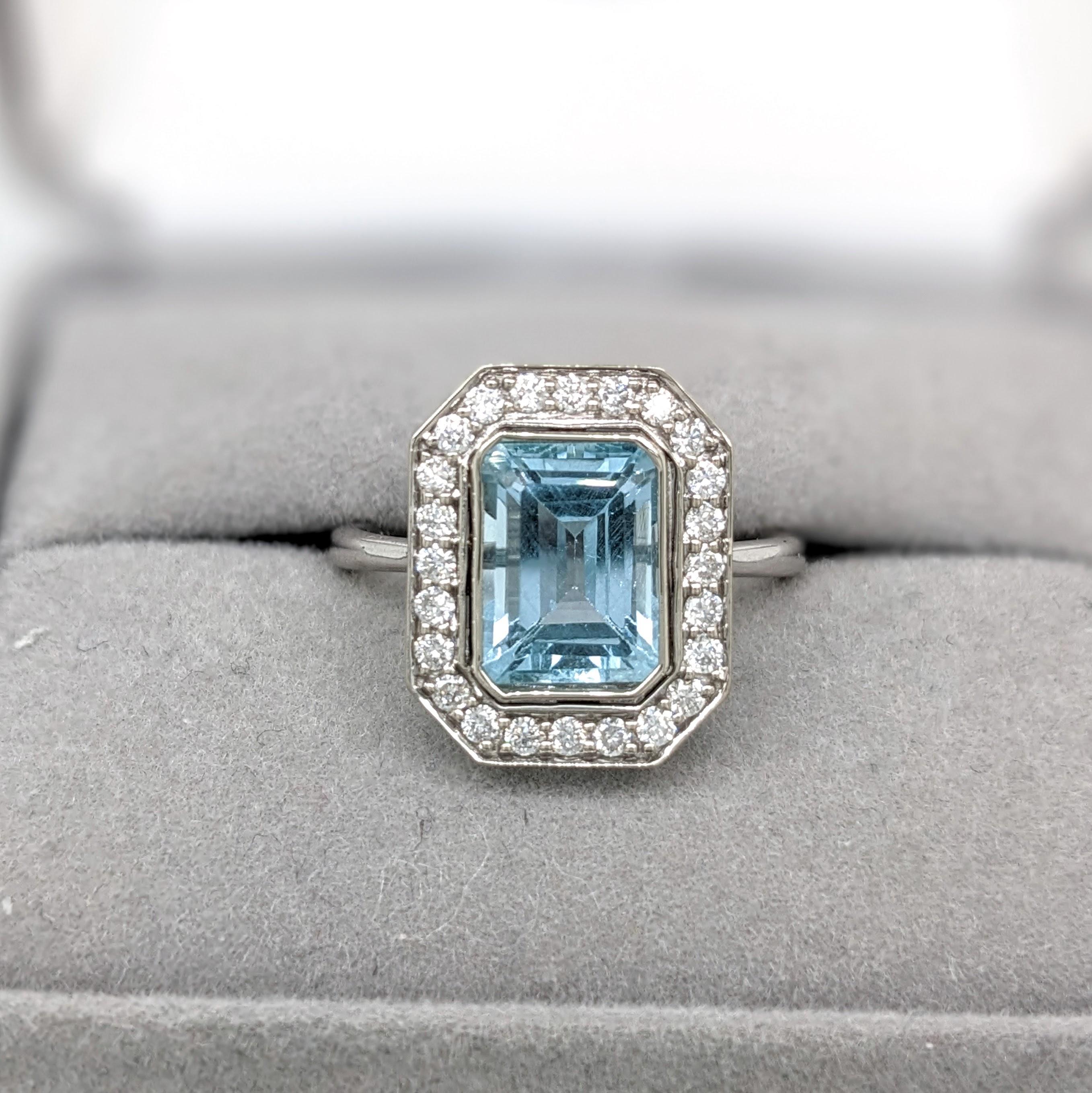 Aquamarine Ring w Natural Diamond Halo in 14K White Gold Emerald Cut 9x7mm For Sale 1