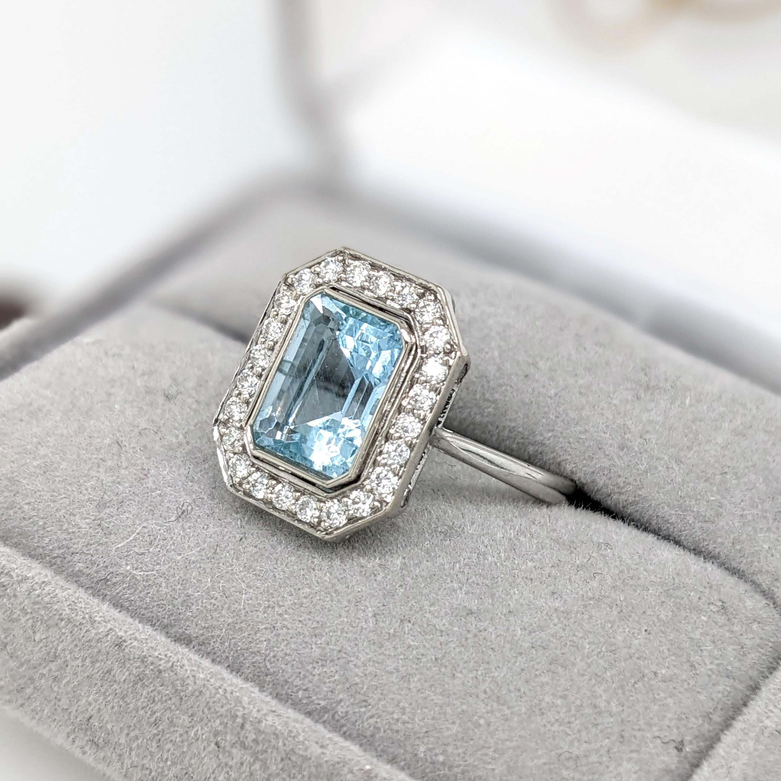 Aquamarine Ring w Natural Diamond Halo in 14K White Gold Emerald Cut 9x7mm For Sale 2
